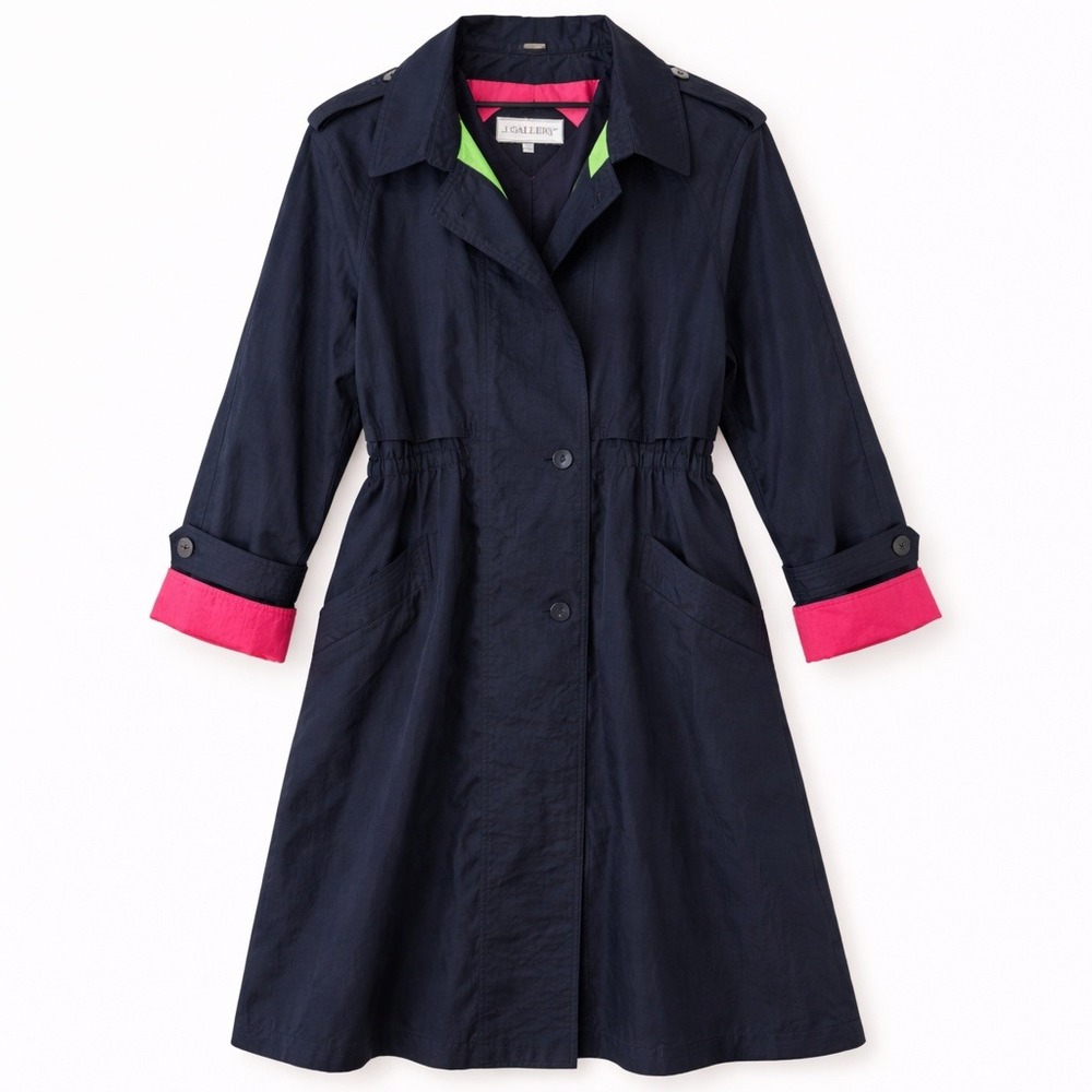 Vintage 80s J Gallery Navy Blue Trench Coat Neon Pink Plus Size Retro Colorblock